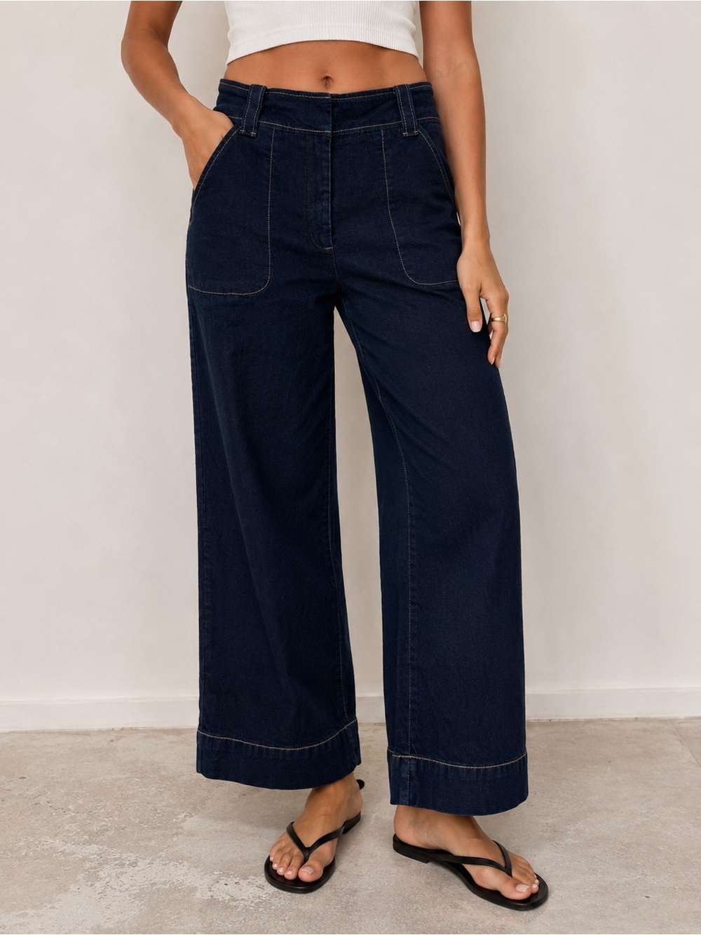 Chelsea Violet Dark Wash Wide Leg Cropped Jeans Contrast Stitch Utility